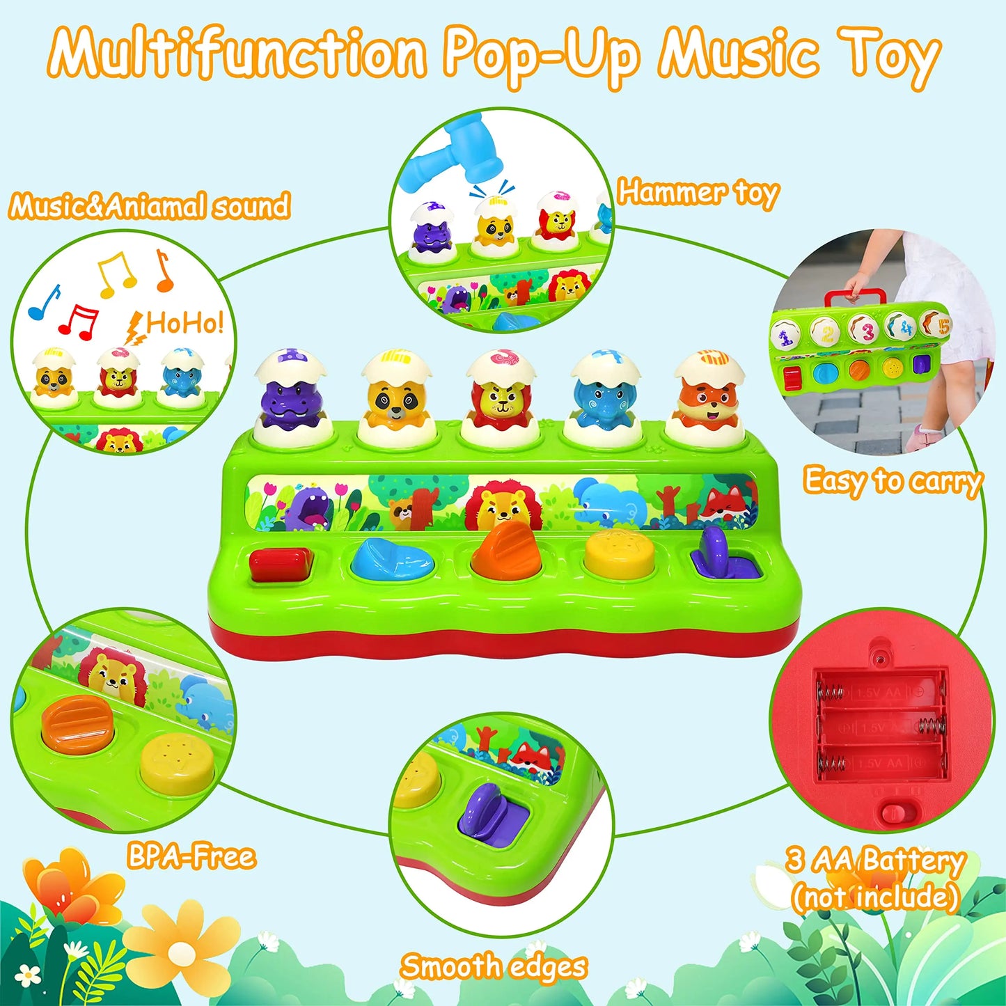 Interactive Pop-Up Animals Toy with Music & Light,Animal Sound,Hammer, Montessori Cause and Effect Toys for 12-18 Months 9+ Mont