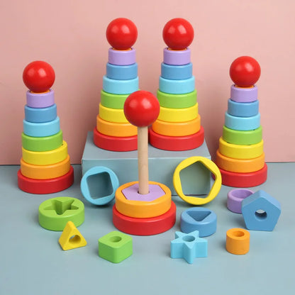 Baby Rainbow Tower Stacking Toys Montessori Wooden Colorful Stacking Puzzle Ring Early Educational Teaching Aids Baby Toys Gifts