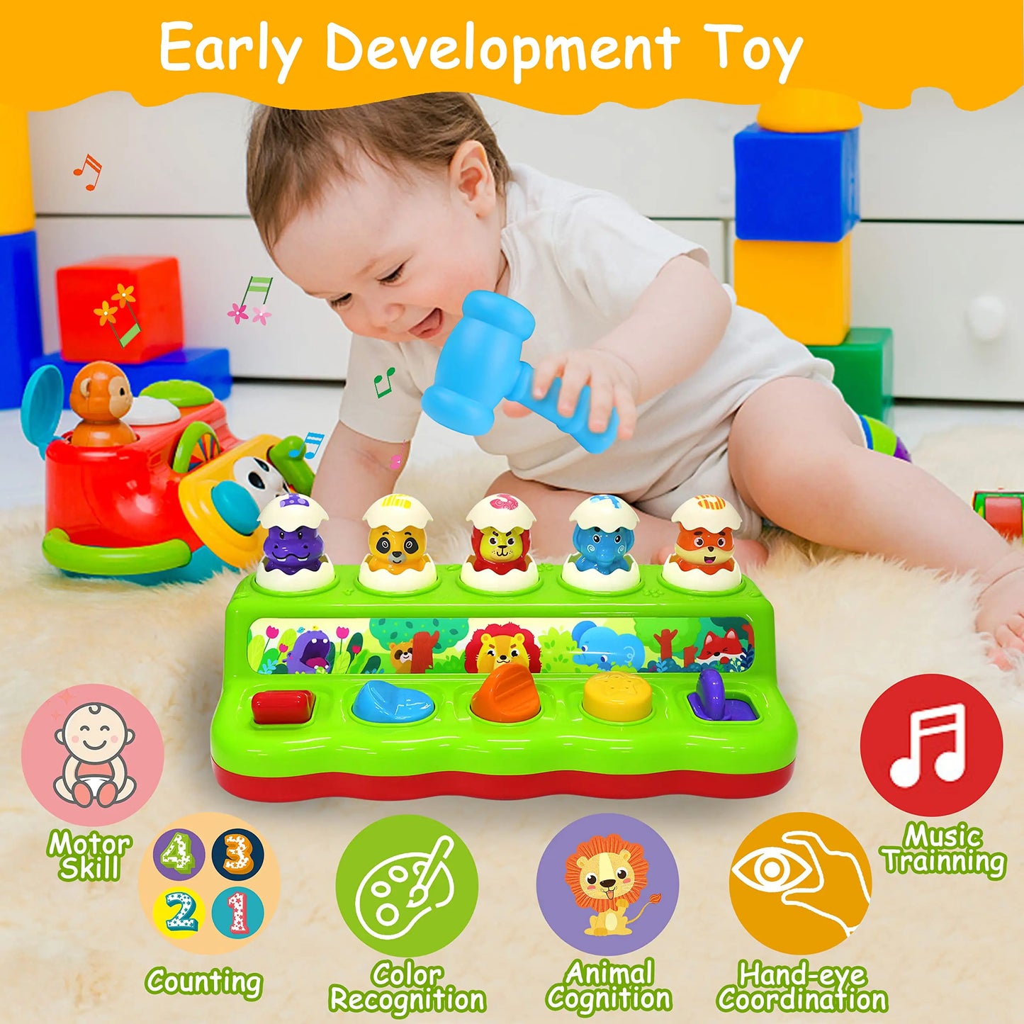 Interactive Pop-Up Animals Toy with Music & Light,Animal Sound,Hammer, Montessori Cause and Effect Toys for 12-18 Months 9+ Mont