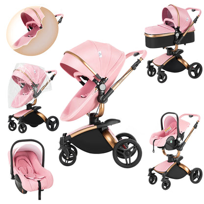 3 in 1 Stroller Baby Stroller Newborn Stroller High Quality Baby Carriage Senior Baby Portable Rubber Wheel PU Leather Parm