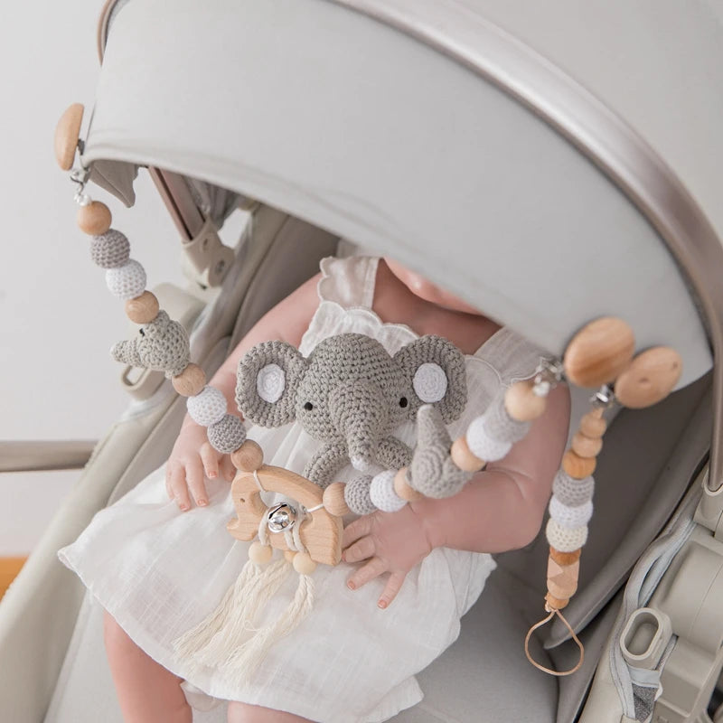 1Set Baby Toys Wood Pram Clip Crochet Elephant Dummy Soother Chain Clip Animal Teething Bracelet Crib Mobile Stroller Toys Gifts