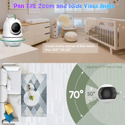 7" 720P HD Split Screen Video Baby Monitor Pan Tilt 4X Zoom Camera 2 Way Audio Night Vision No Wifi 4000Mah Battery Lullaby VOX