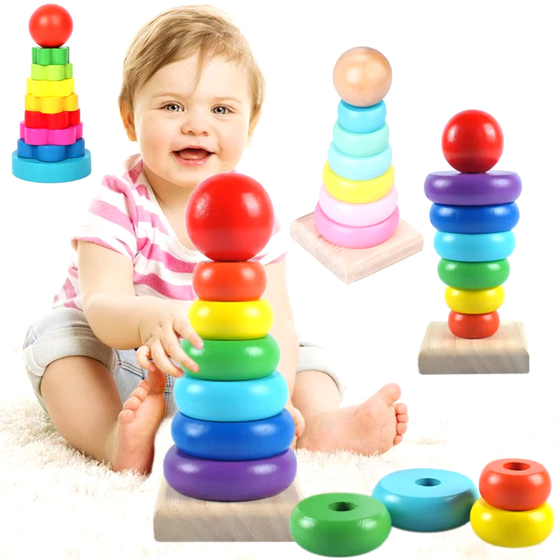 Baby Rainbow Tower Stacking Toys Montessori Wooden Colorful Stacking Puzzle Ring Early Educational Teaching Aids Baby Toys Gifts