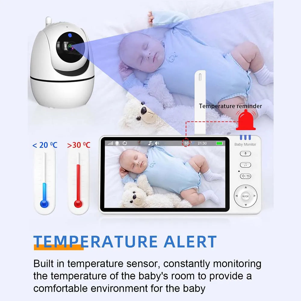 5 Inch Video Baby Monitor with Pan Tilt Camera 2.4G Mother Kids Surveillance PTZ Video Cams Temperture Display Home Security Cam