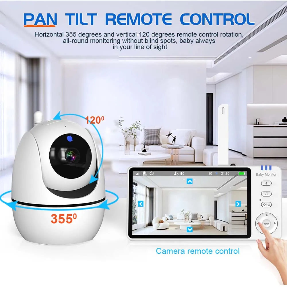 5 Inch Video Baby Monitor with Pan Tilt Camera 2.4G Mother Kids Surveillance PTZ Video Cams Temperture Display Home Security Cam