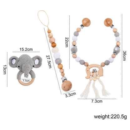 1Set Baby Toys Wood Pram Clip Crochet Elephant Dummy Soother Chain Clip Animal Teething Bracelet Crib Mobile Stroller Toys Gifts