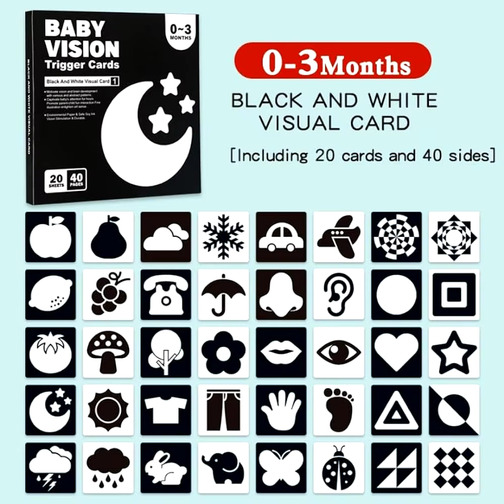 Montessori 0-12Month Baby Vision Stimulation Cards Black and White Contrast Cards Stimulate Newborn Visual Early Learning Toys