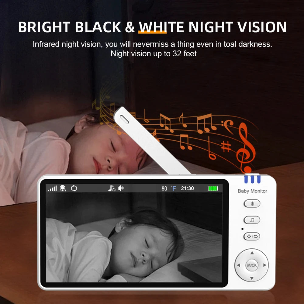 5" 720P HD IPS Screen Video Baby Monitor Pan Tilt 4X Zoom Camera Babysitter 2 Way Audio Night Vision 3500Mah Battery Lullaby VOX