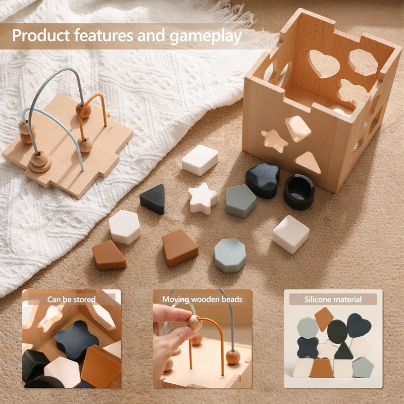 Wooden Box Toy Silicone Geometric Shape Blocks Shape Matching Toys for Toddler Baby Montessori Puzzle Education Stacking Game