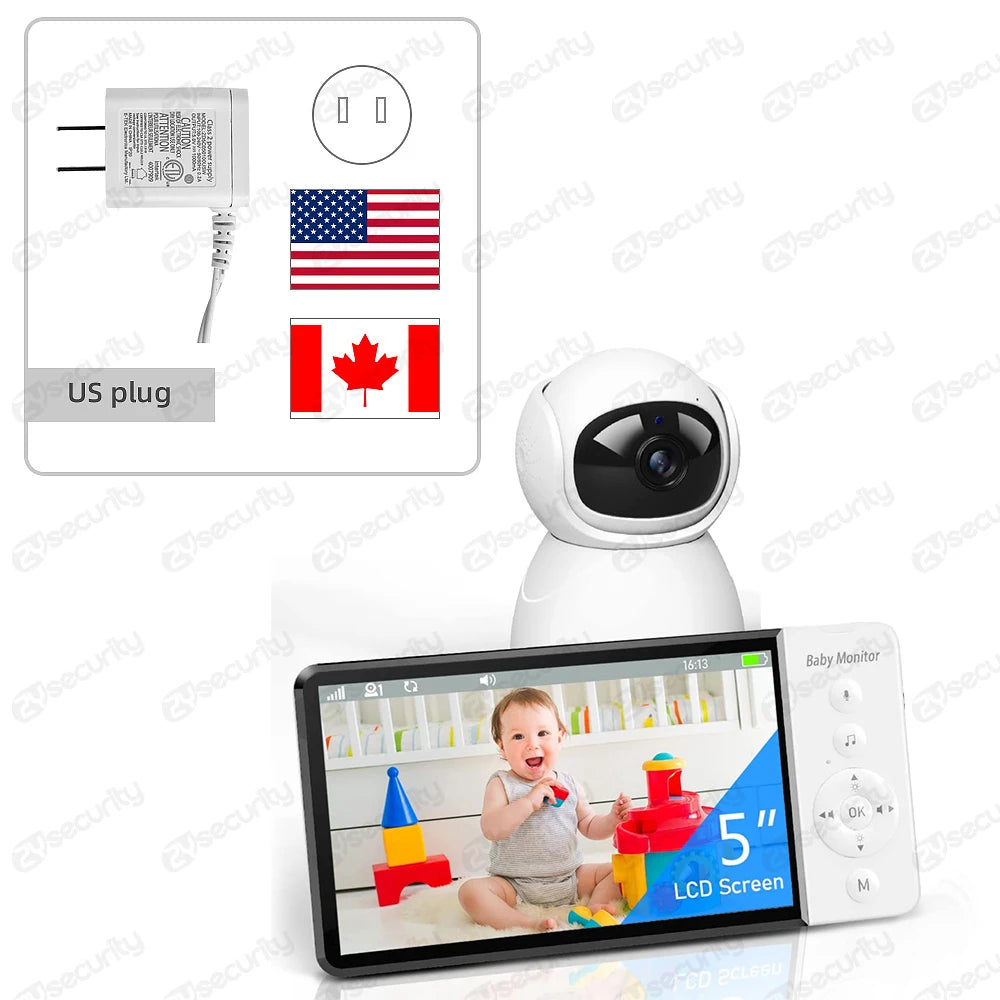 Video Baby Monitor with PTZ Nanny Camera 5"IPS Screen 5000Mah Battery Babyphone Night Vision 2-Way Audio Card Slot Babe Monitors