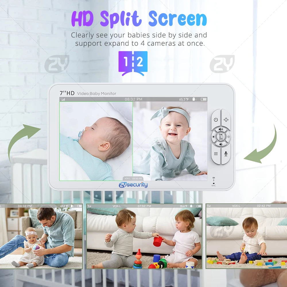 7" 720P HD Split Screen Video Baby Monitor Pan Tilt 4X Zoom Camera 2 Way Audio Night Vision No Wifi 4000Mah Battery Lullaby VOX