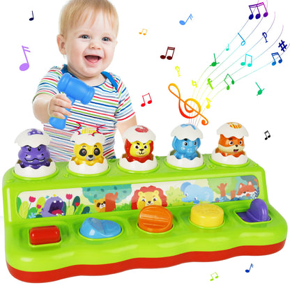 Interactive Pop-Up Animals Toy with Music & Light,Animal Sound,Hammer, Montessori Cause and Effect Toys for 12-18 Months 9+ Mont