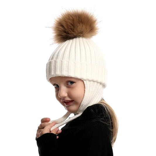 Kids Earflap Beanie Boy Girl Winter Wool Hat Real Fur Pompom Hat Warm Knitted Baby Hat Children Pompon Beanies Cap