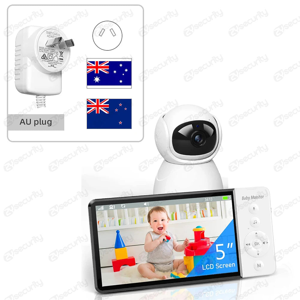 Video Baby Monitor with PTZ Nanny Camera 5"IPS Screen 5000Mah Battery Babyphone Night Vision 2-Way Audio Card Slot Babe Monitors