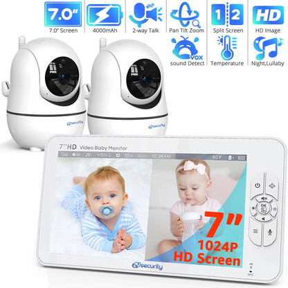 Baby Monitor with 2 Cameras,7" 720P HD Split Screen Video Baby Monitor,Ptz Baby Monitor with Camera and Audio,4000Mah Battery