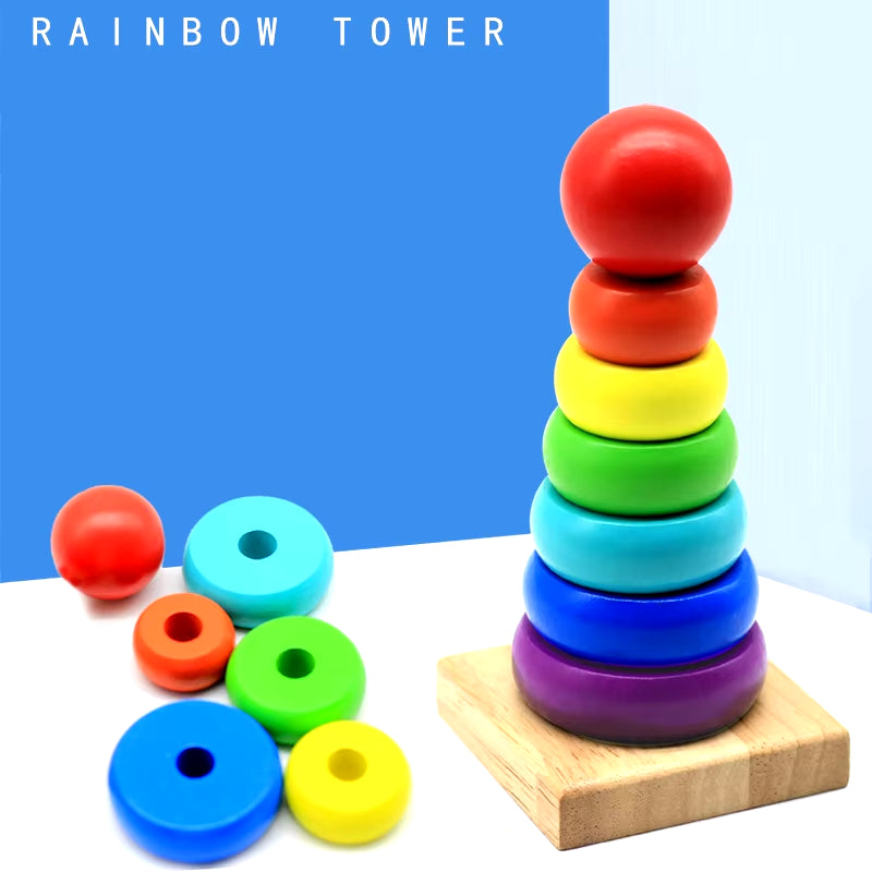 Baby Rainbow Tower Stacking Toys Montessori Wooden Colorful Stacking Puzzle Ring Early Educational Teaching Aids Baby Toys Gifts