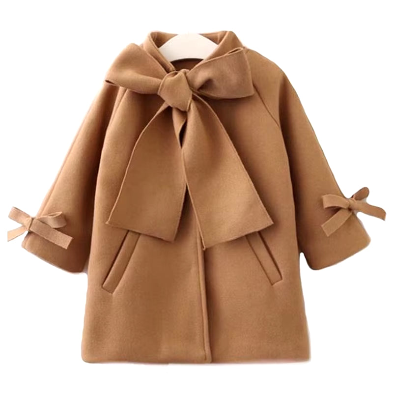 2-8 Years Toddler Winter Coats Kids Baby Girls Warm Wool Bowknot Trench Coat Overcoat Girls Kids Long Sleeve Outwear Girl Jacket