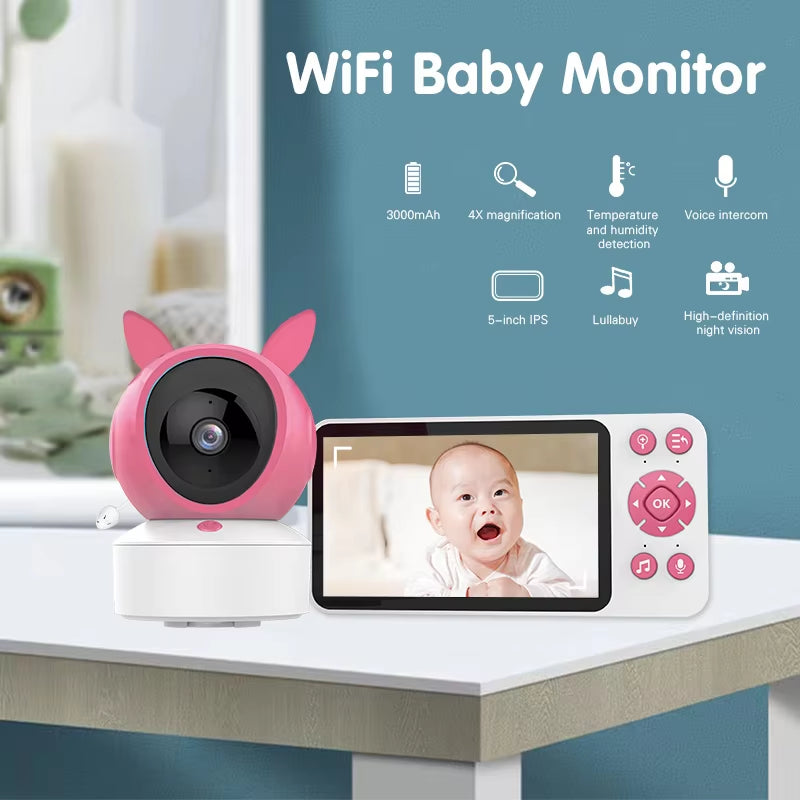 5" Tuya Smart Wifi Feeding Reminder Temperature Motion Sound Detection APP View Control Audio Video Baby Monitors Camera 1080P