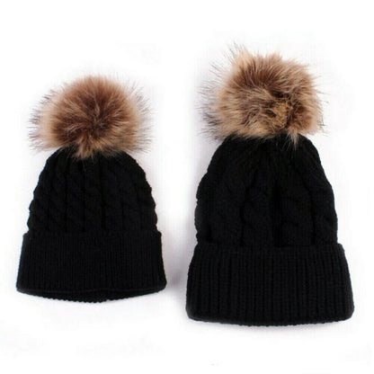 Mom and Baby Winter Wool Knitted Cap Beanie Hats Mother Boys Girls Pom Pom Beanie Caps