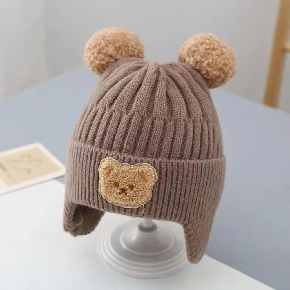 Winter Baby Beanie Cap Cartoon Bear Ear Protection Knitted Hat for Toddler Boys Girls Cute Korean Warm Kids Crochet Hats