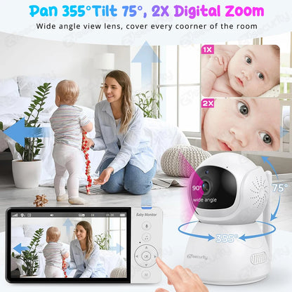 Video Baby Monitor with PTZ Nanny Camera 5"IPS Screen 5000Mah Battery Babyphone Night Vision 2-Way Audio Card Slot Babe Monitors