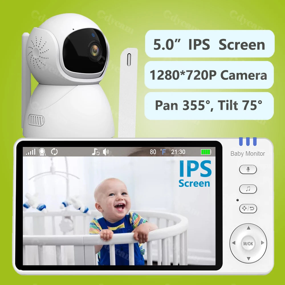 5" 720P HD IPS Screen Video Baby Monitor Pan Tilt 4X Zoom Camera Babysitter 2 Way Audio Night Vision 3500Mah Battery Lullaby VOX