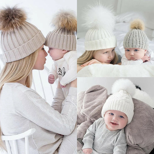 Mom and Baby Winter Wool Knitted Cap Beanie Hats Mother Boys Girls Pom Pom Beanie Caps