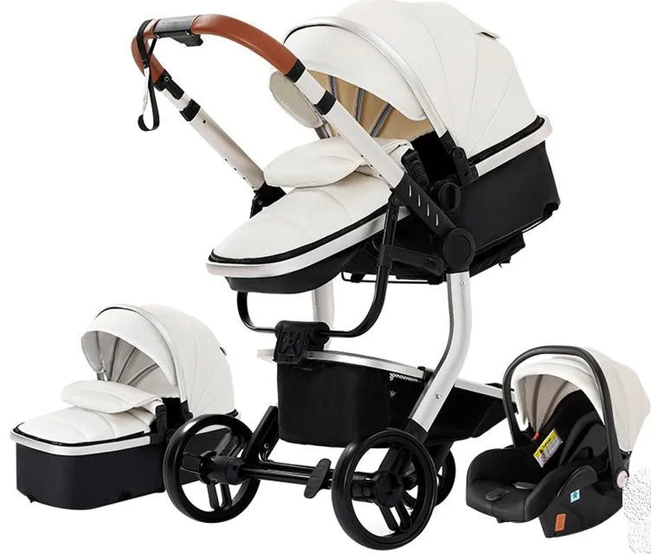 3 in 1 Stroller Baby Stroller Newborn Stroller High Quality Baby Carriage Senior Baby Portable Rubber Wheel PU Leather Parm