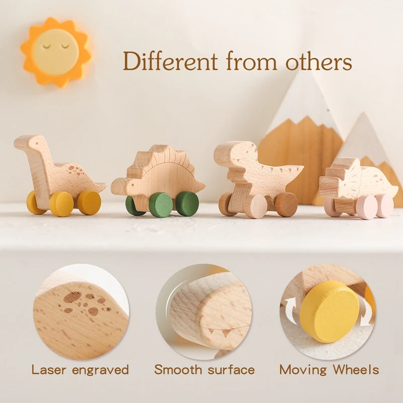 Wooden Baby Car Toys Beech Wooden Dinosaur Cartoon Car Teether Educational Montessori Toys for Children Teething Baby Toys