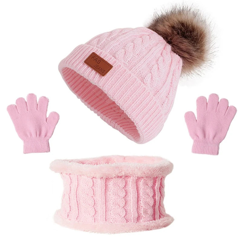 3 Pcs Winter Warm Baby Hat Gloves Scarf Set Thicken Solid Color Pompom Baby Bonnet Beanie Cap Boys Girls Mitten for 1-5Y Kids